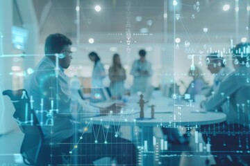 Medical business meeting overlayed with gray finance graph transition in digital composite