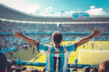 Argentine football fan stands on the stands in front of the stadium and cheers for his team. America Copa, Argentine team