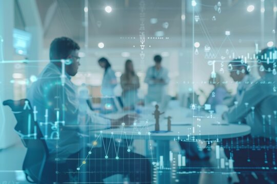 Medical business meeting overlayed with gray finance graph transition in digital composite