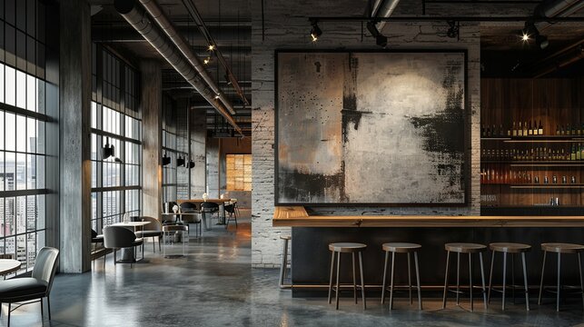 eye level, photo, bar, minimalistic interior, abstract large art frame, office snapshot, frame magazine