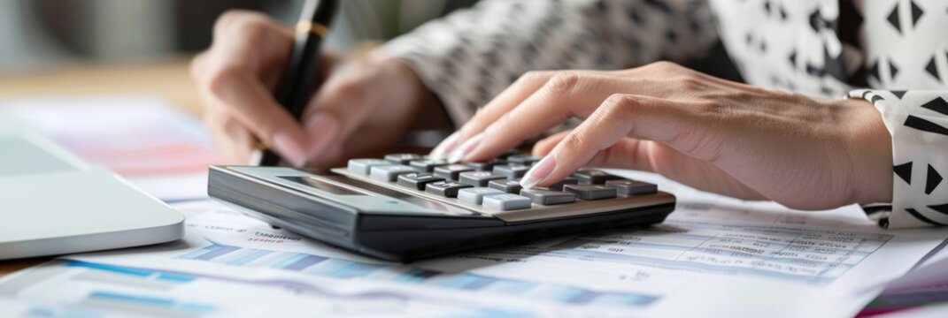 Close-up of businesswoman hands using a calculator to check company finances, earnings and budget. Accountant calculating monthly expenses, papers, loan documents, invoices