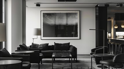 eye level, photo, bar, minimalistic interior, abstract large art frame, office snapshot, frame magazine
