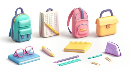 set of multi-colored school supplies on a white background. back to school concept