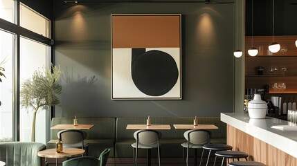 eye level, photo, bar, minimalistic interior, abstract large art frame, office snapshot, frame magazine