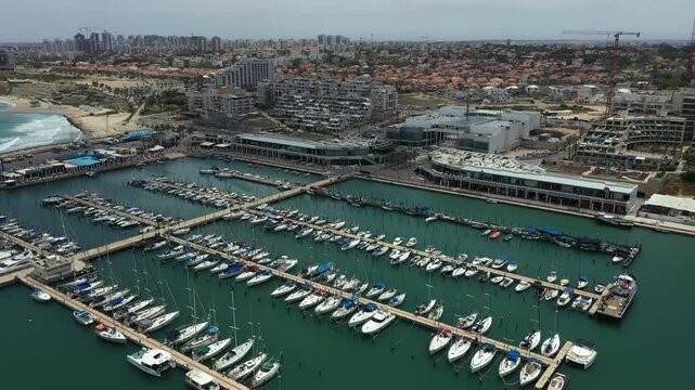 Aerial video of the marina and promenade in Ashkelon Israel