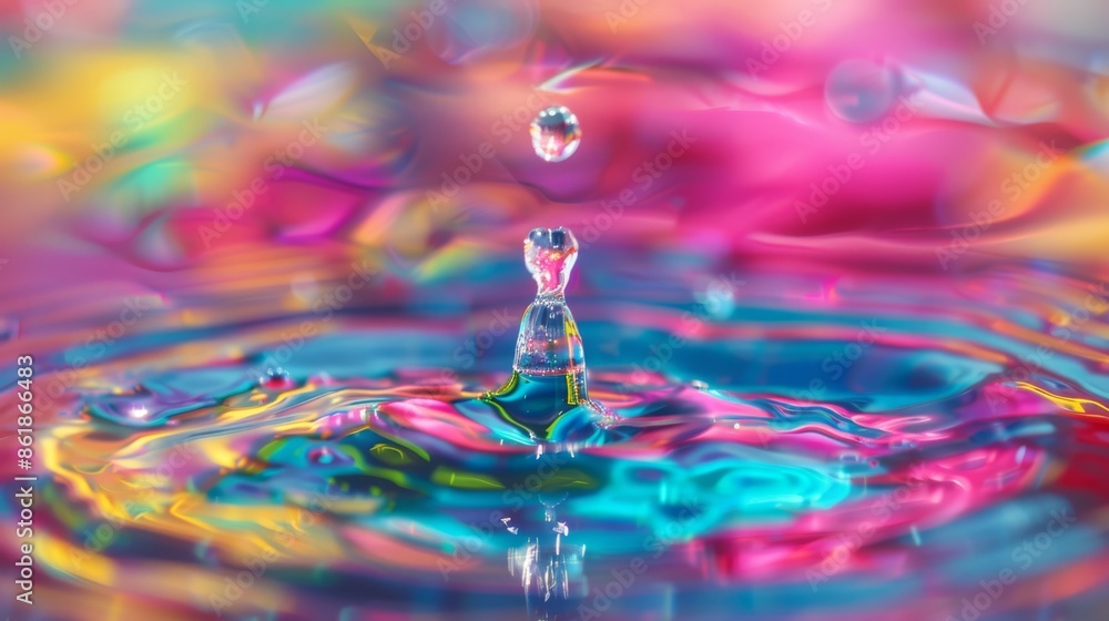 Poster vibrant droplets are creating ripples in colorful water, showing a dynamic and captivating movement