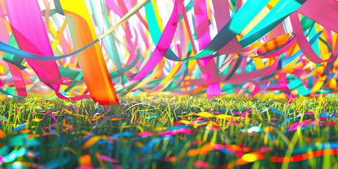 Fototapeta premium A field of colorful streamers flutter in the breeze, their vibrant hues reflecting off the faces of excited onlookers, all eagerly anticipating the big reveal.