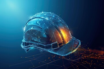 Concept of work safety with safety construction helmet in futuristic glowing low polygonal style on bright blue background. contemporary modern conceptual connection design elegant design