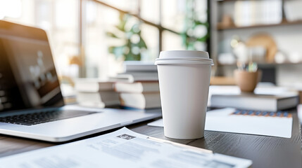 A white paper coffee cup on a desk in an office setting, surrounded by a laptop, papers, office supplies. Copy space. Morning in office