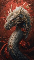 Fototapeta premium Create a high-quality image of a detailed dragon with a rich red backdrop and decorative accents