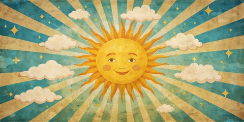 Retro Sun and Cloud Illustration. Vintage-style sun with rays on a distressed background, perfect for summer, travel, , nature, or retro-themed designs...