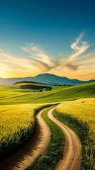 Fototapeta premium Tranquil Countryside Landscape with Farmhouse Rolling Hills Crops Dirt Road Rural Scene Illustration