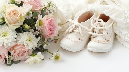 A close-up of a pair of white baby shoes, a pink and white flower bouquet, and white fabric on a white background