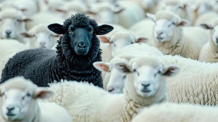 Illustration of a Unique Black Sheep Standing Out from the White Flock to Symbolize Individuality and Leadership 