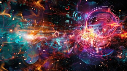 Obraz premium Journeying Through the Digital Cosmos Abstract Multimedia Communication in Cyber Space, Depicting a Technologically Advanced Networked World 