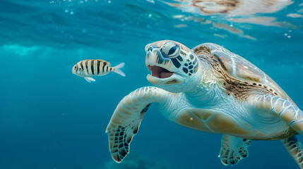 Obraz premium Sea turtle eating fish. Wildlife food chain.