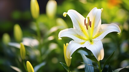 Obraz premium The image shows a beautiful white lily with green leaves and a vibrant yellow center. 