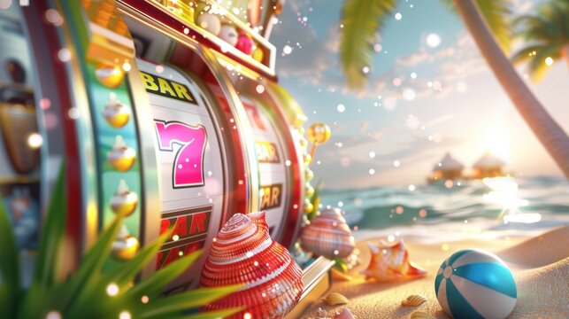 Summer-themed 3D Casino Slot Reels. generative AI image