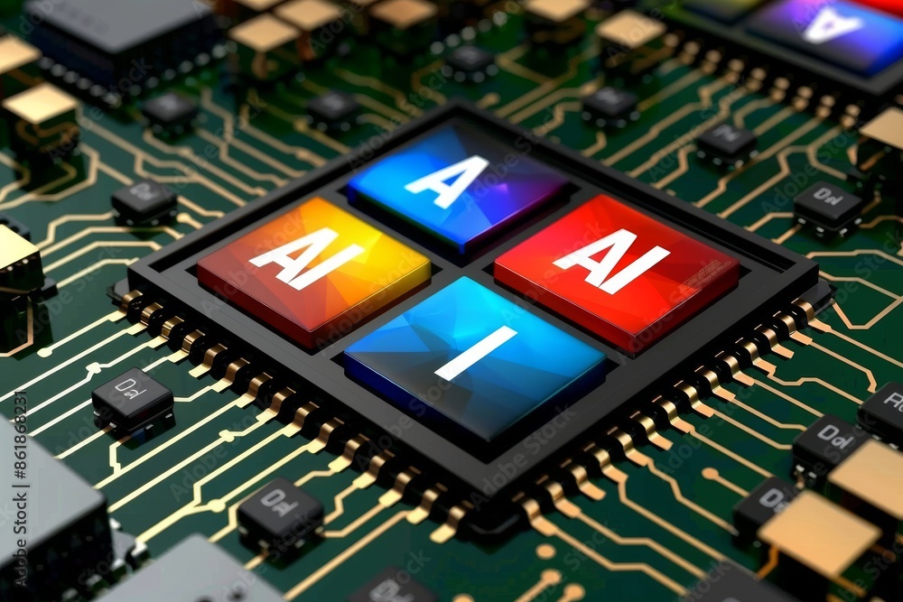 Poster colorful ai microchip on circuit board, artificial intelligence hardware, futuristic tech, computer 