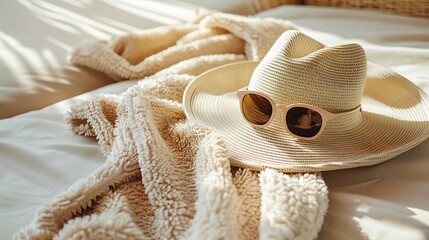 The image shows a beige hat a beige towel and a pair of sunglasses lying on a beige towel.