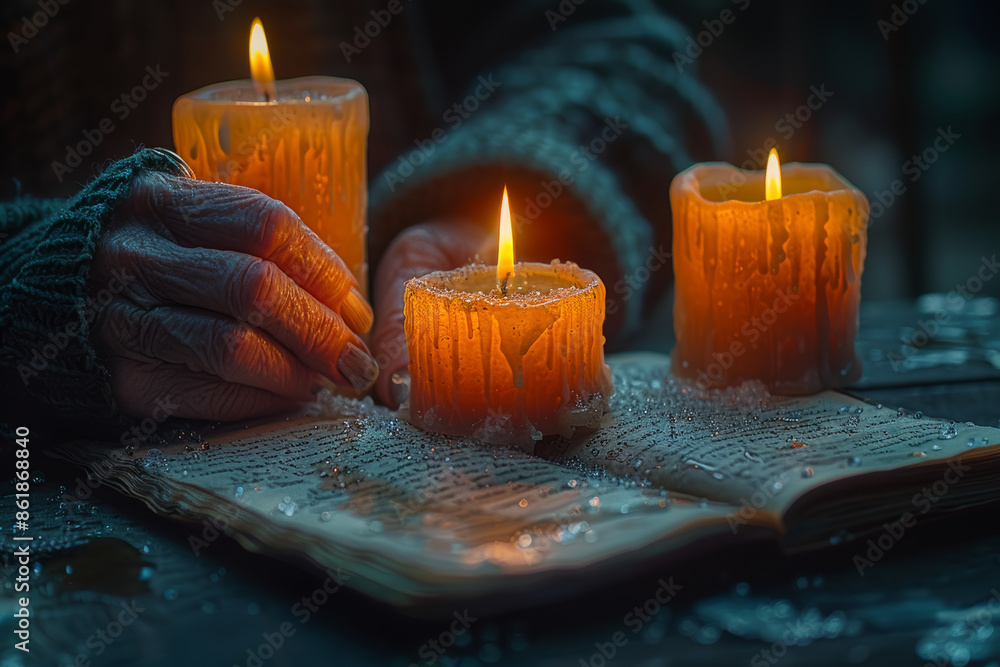 Poster a person writing in a journal by candlelight, showcasing documentation. concept of recording history