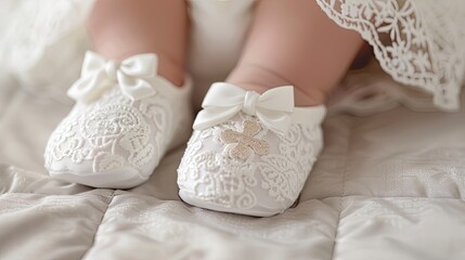 Close-up of a baby girls tiny feet wearing white lace shoes with bows, perfect for a special occasion like baptism