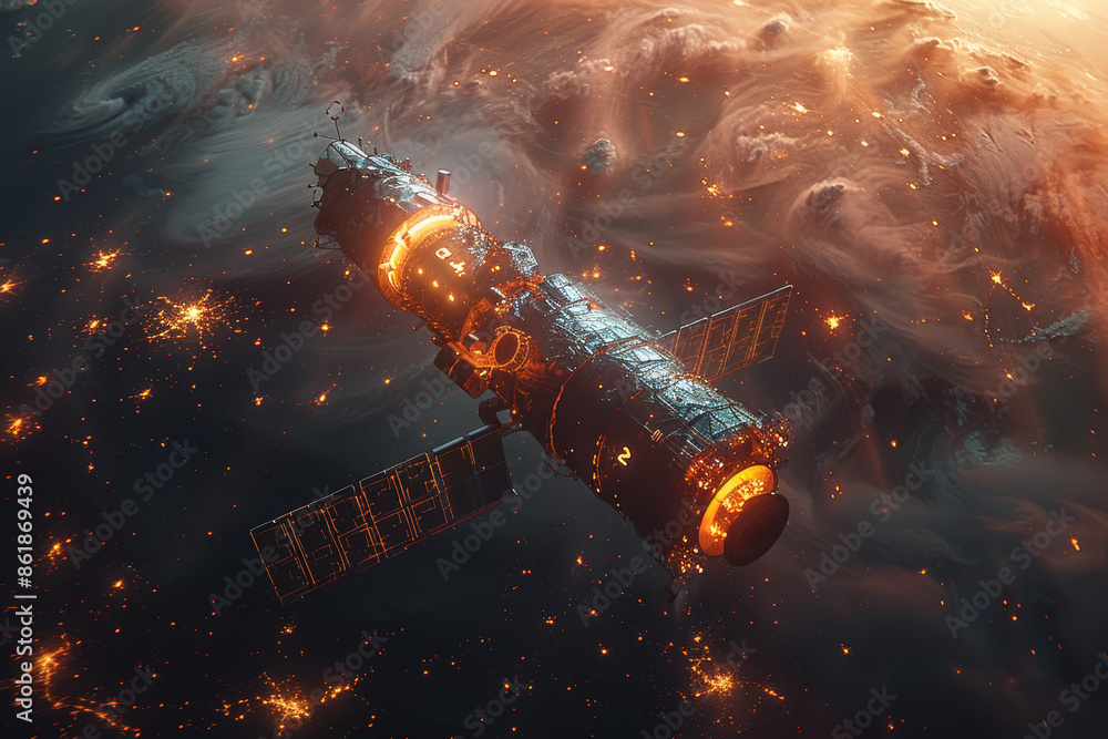 Poster a satellite orbiting a distant planet, symbolizing communication. concept of technology and connecti