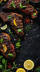 Fototapeta premium Grilled steaks with herbs and lemon slices on a black background.