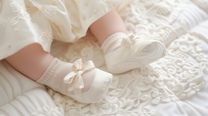 A close-up of a baby girls feet wearing white lace socks and a white dress