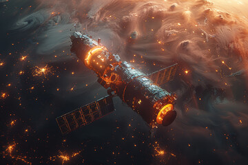 A satellite orbiting a distant planet, symbolizing communication. Concept of technology and connectivity. Generative Ai.