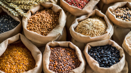 Fototapeta premium Assorted whole grains and seeds in paper bags. Whole Grains Month, health and nutrition concept.