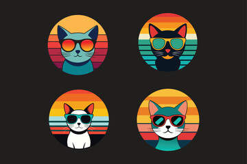 Set of cool cats wearing sunglasses with a black background, retro vintage style
