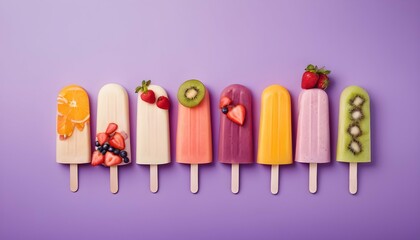 Fruits ice cream on violet background. Widescreen background. Summer banner