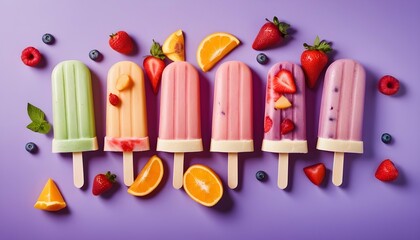 Fruits ice cream on violet background. Widescreen background. Summer banner