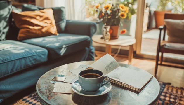 Productive home office setup with laptop, documents, coffee, and decor for cozy work environment