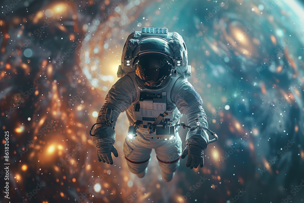 Poster an astronaut floating in the vast expanse of space, gazing at distant galaxies. concept of space exp
