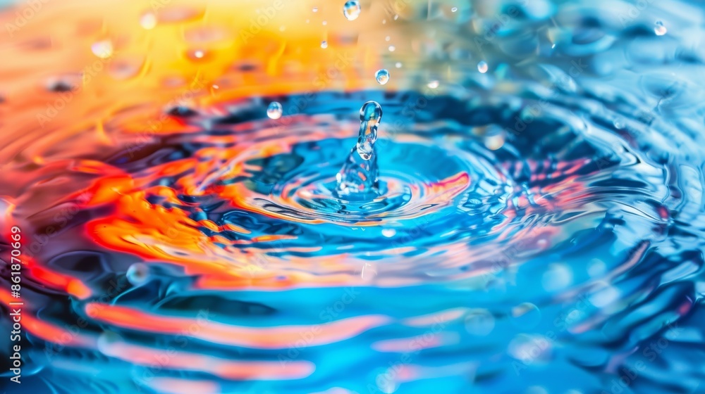 Poster vibrant droplets are creating ripples in colorful water, showing a dynamic and captivating movement