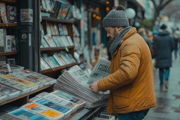 An individual in winter attire selects a newspaper from an outdoor newsstand selection