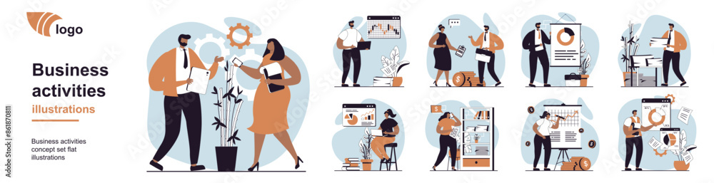 Poster Business activities concept with people scenes mega set in flat web design. Bundle of character situation with discussing tasks, analyze data, develop project, create strategy. Vector illustrations.