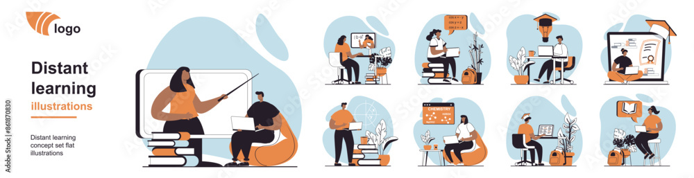Leinwandbilder distant learning concept with people scenes mega set in flat web design. bundle of character situati