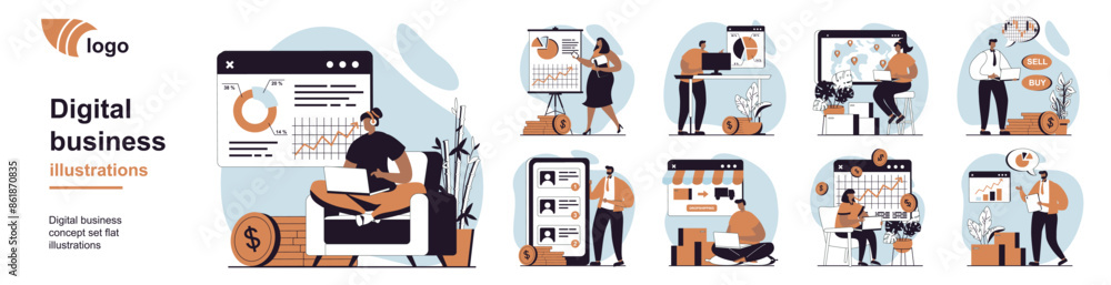 Poster digital business concept with people scenes mega set in flat web design. bundle of character situati