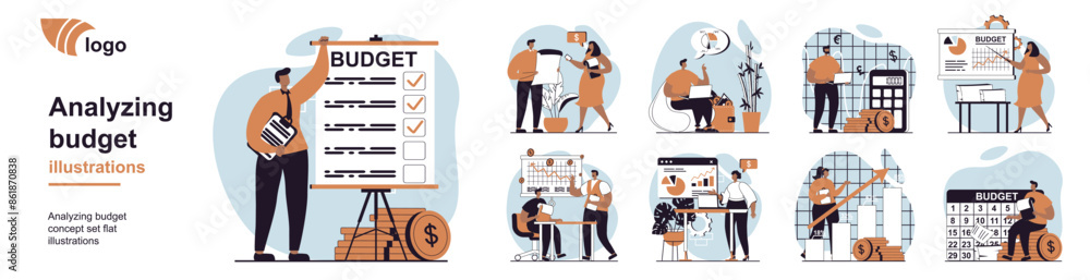 Poster Analyzing budget concept with people scenes mega set in flat web design. Bundle of character situation with bookkeeping doing accounting, calculate financial statistics in report. Vector illustrations