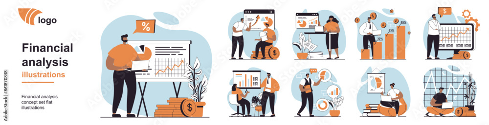 Poster financial analysis concept with people scenes mega set in flat web design. bundle of character situa