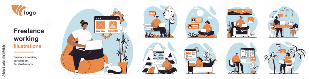 Poster Freelance working concept with people scenes mega set in flat web design. Bundle of character situation with remote workers doing tasks online from home offices and locations. Vector illustrations.