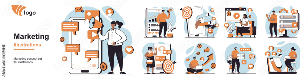 Poster Marketing concept with people scenes mega set in flat web design. Bundle of character situation with target and attract customers, make advertising campaigns, online promotion. Vector illustrations.