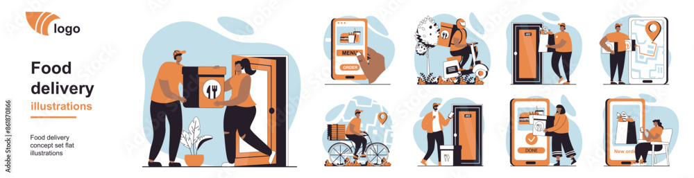 Poster food delivery concept with people scenes mega set in flat web design. bundle of character situation 