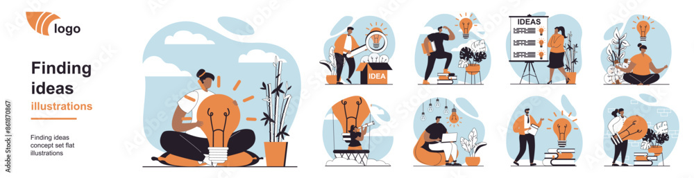 Poster Finding ideas concept with people scenes mega set in flat web design. Bundle of character situation with brainstorm, develop project plan, create strategy, thinking and solving. Vector illustrations.
