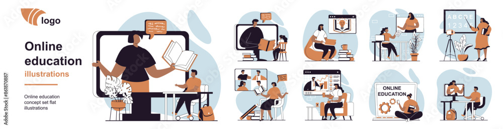 Poster Online education concept with people scenes mega set in flat web design. Bundle of character situation with distant students watching video lessons, trainings and webinars. Vector illustrations.