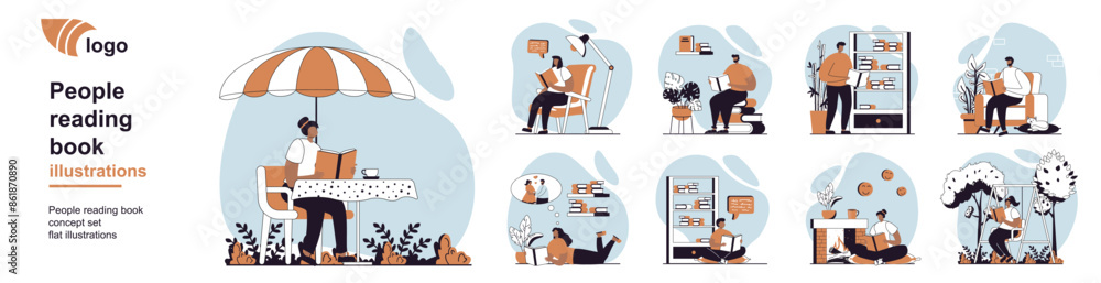 Poster people reading books concept with character scenes mega set in flat web design. bundle of situation 