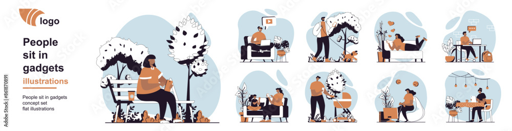 Aufkleber people sit in gadgets concept with character scenes mega set in flat web design. bundle of situation